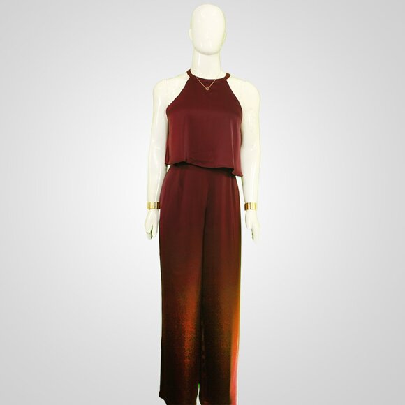 1990s Vintage Burgundy Halterneck Wide-Leg Jumpsuit - Picture 1 of 4